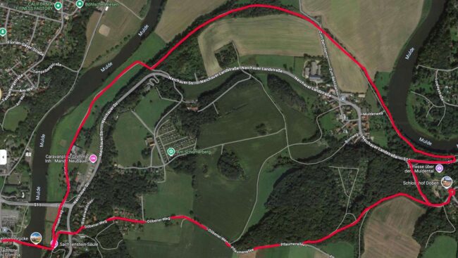 Die Wanderkarte Grimma Döben und Zurück zeigt den Weg von der Pöppelmannbrücke als Startpunkt an.