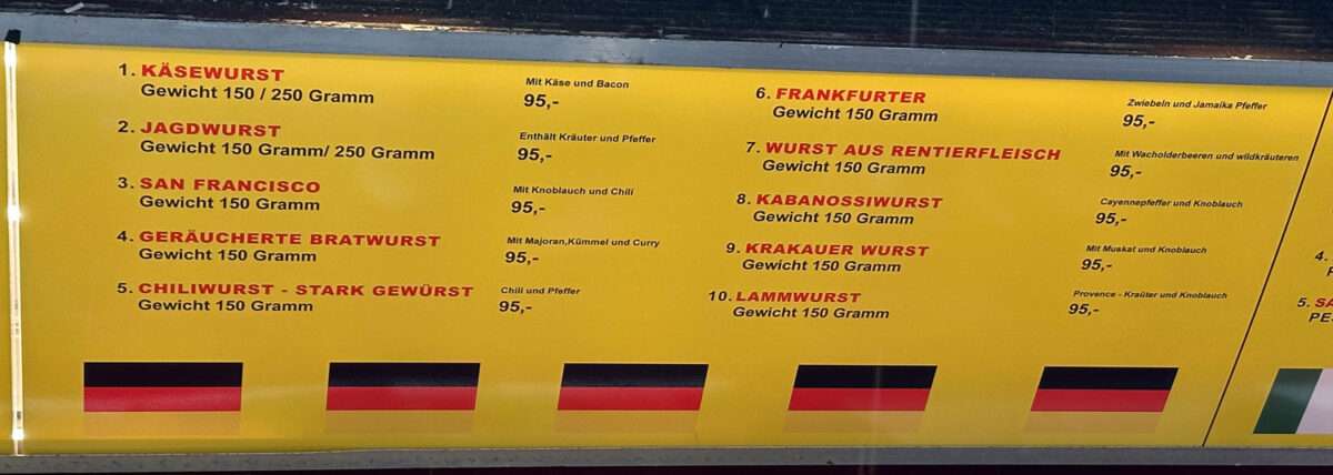 Die 8,29 Euro für eine Rentierbratwurstwurst mit Preiselbeermarmelade in Bergen am Imbiss in Bergen sich schon stattlich. Jedoch verdient man in Bergen auch viel mehr als in Deutschland.