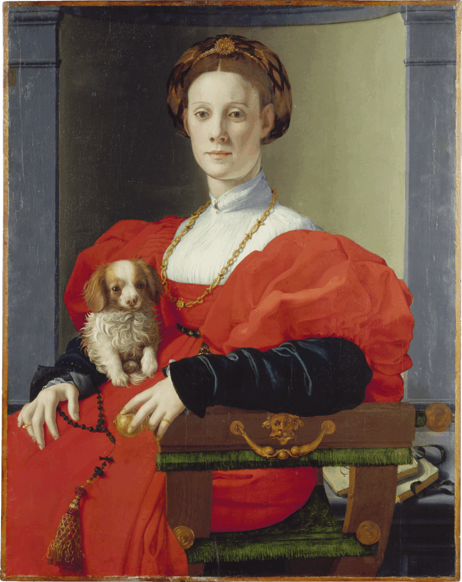 Auf diesem Gemälde von Agnolo Bronzino zu dem Text, Künstler und Kunst mit Hund sieht man eine Dame von makelloser Eleganz, die ihren kleinen Hund auf dem Schoß hält. Das Tier ist ebenso Teil der Pose, wie die kostbare Kleidung..