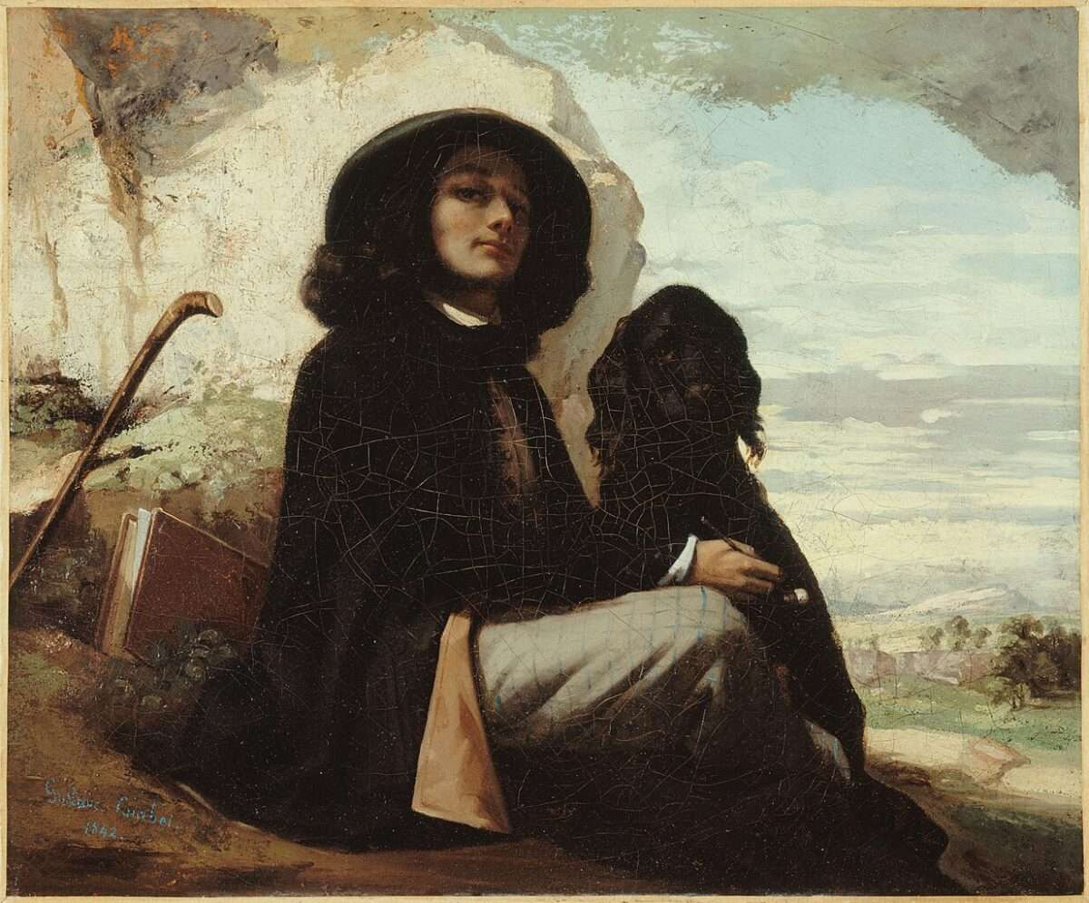 Künstler und Kunst mit Hund. Das Gemälde von Gustave Courbet Selbstporträt mit schwarzem Hund zeigt den jungen Künstler mit seinem Begleiter - dem Hund. Selbstbewusst sitzen sie in der Landschaft. Ein Skizzenbuch und der Wanderstock liegen neben ihnen.