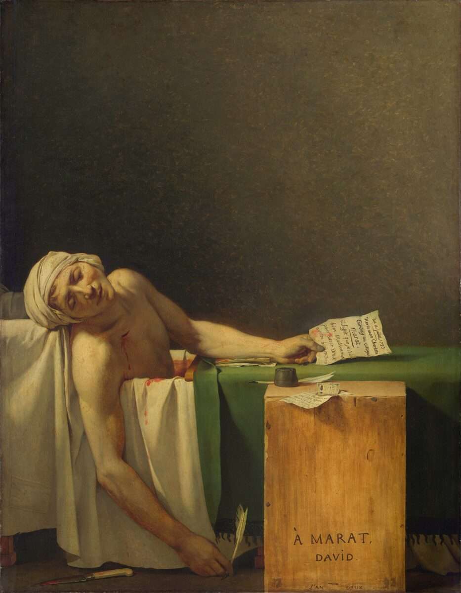 Jacques-Louis Davids Gemälde Der Tod des Marat aus dem Jahr 1793 gehört zu den berühmtesten Werken der Revolutionszeit. Es zeigt den ermordeten Jakobinerführer Jean-Paul Marat in seiner Badewanne – heroisch inszeniert, mit dem Ausdruck eines Märtyrers.