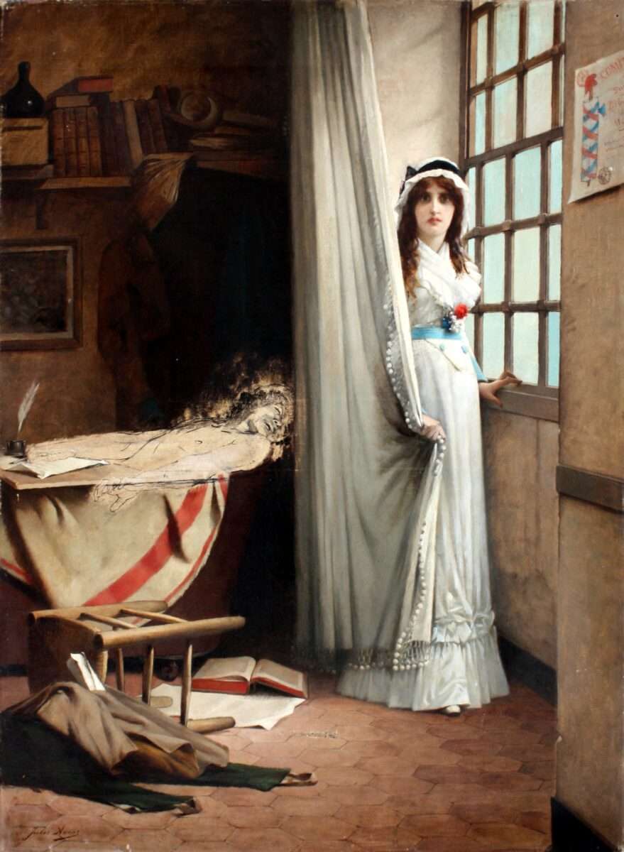 Das Gemälde von Jules-Carles Aviat (1844-1931) Charlotte Corday and Marat wirkt unsicher in der Ausführung. Corday starrt den Betrachter mit großen Augen an, Marat ist nur skizziert. Ein aufgegebenes Werk?