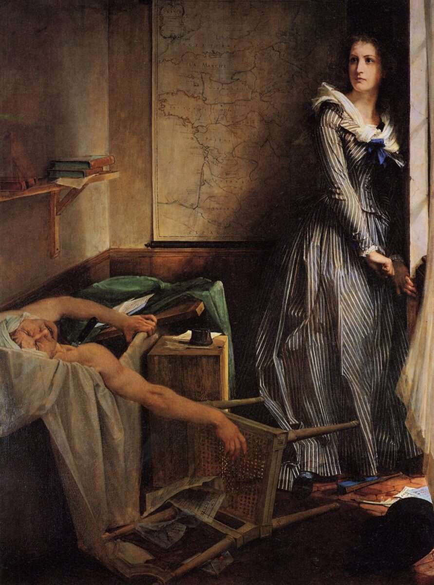 Der Tod des Marat ist in dieser Adaptionen von Paul Jacques Aimé Baudry anders dargestellt als bei David. Ohne Triumph oder Reue wird Corday hier zur mythischen Symbolfigur der Befreiung und steht ihrer Tat aufrecht gegenüber..