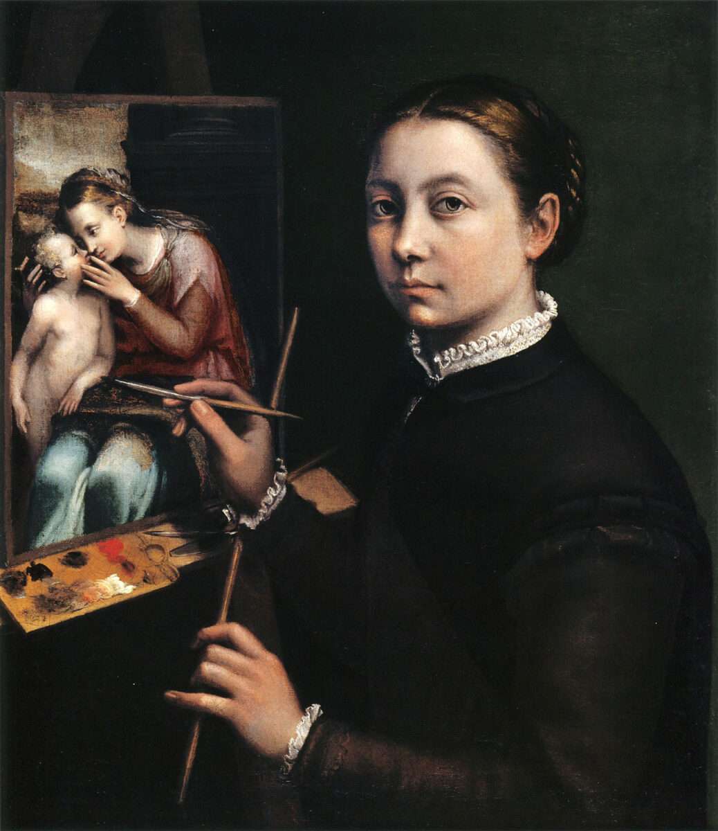Sofonisba Anguissola stellt sich selbst an der Staffelei dar und zeigt damit Selbstbewusstsein.