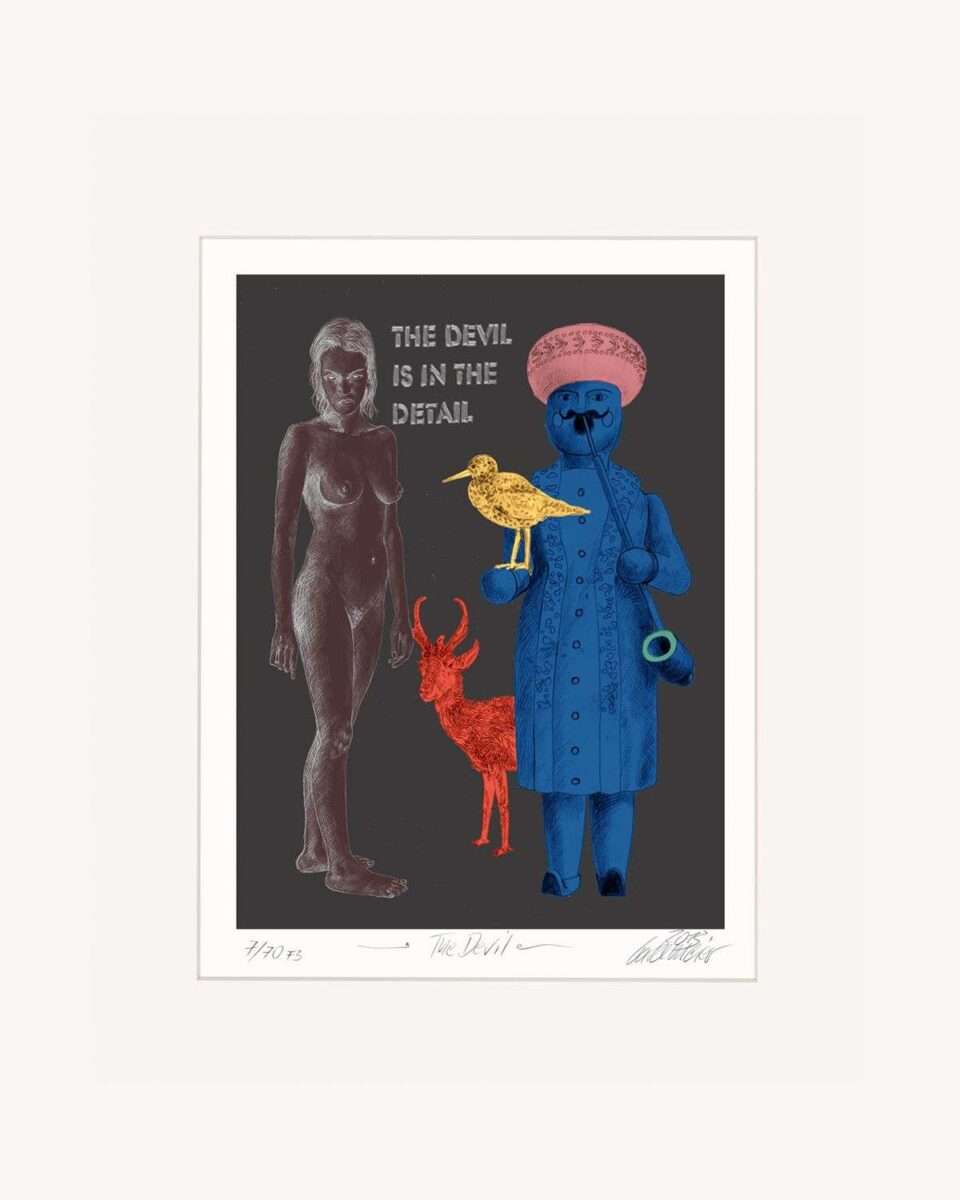 In dieser Pop-Art Surrealistischen Grafik führt der Künstler Thomas Gatzemeier einen orientalischen Räuchermann aus der erzgebirgischen Volkskunst mit einem weiblichen Akt und einem neugierigen Rehbock zusammen