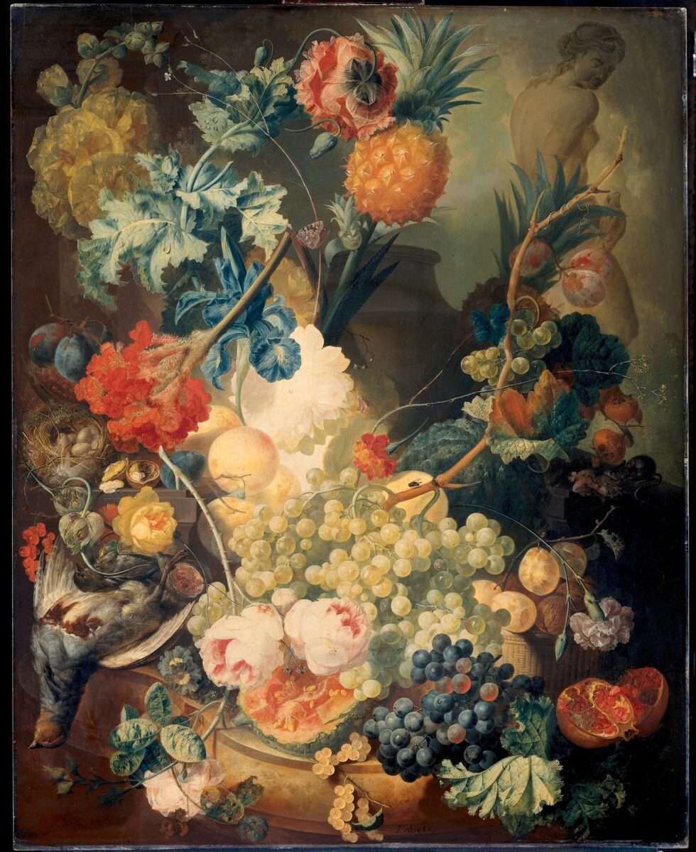 Dieses Stillleben mit Blumen, Früchten und Geflügel ist ein opulentes Beispiel barocker Malerei.