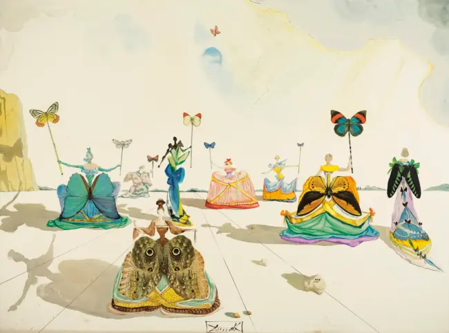 Im Gemälde von Salvador Dali Femmes aux Papillons wird der Schmetterling zur Mode. Er kleidet die Frauen.