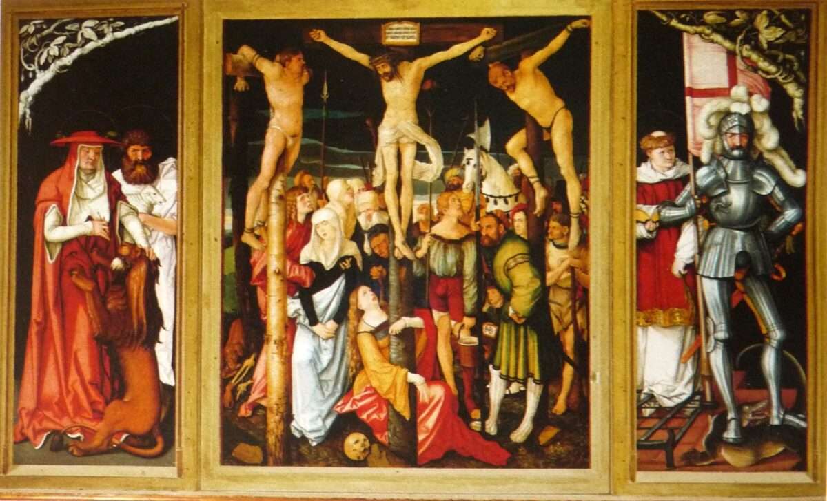 Rückseite des Hochaltars von Hans Baldung Grien im Freiburger Münster mit der zentralen Kreuzigungsszene und flankierenden Tafeln mit Heiligendarstellungen. Gesamtansicht des geöffneten Wandelaltars.