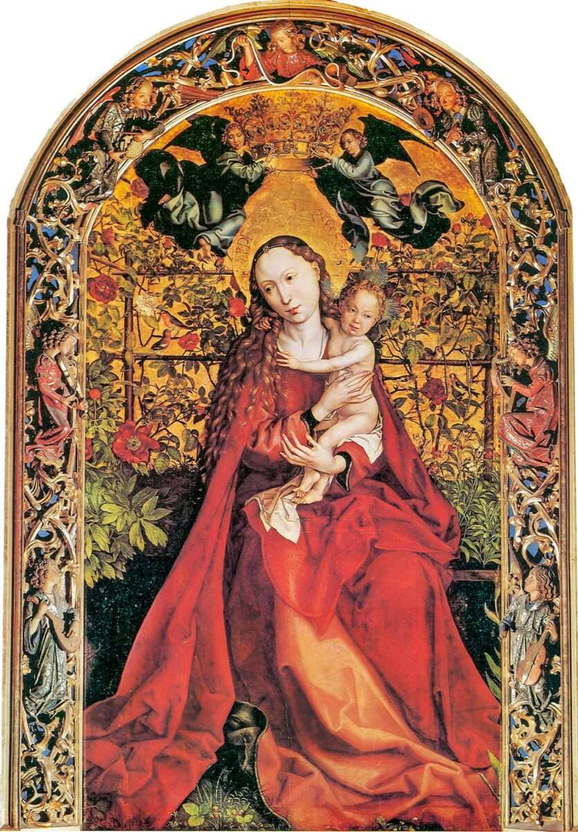 Das Gemälde von Martin Schongauer Madonna im Rosengarten ist ein herausragendes Beispiel der spätmittelalterlichen Kunst im Übergang zur Renaissance. Fast naturalistisch dargestellte Vögel sind das Besondere an diesem Gemälde. Eine Inspiration für Dürer