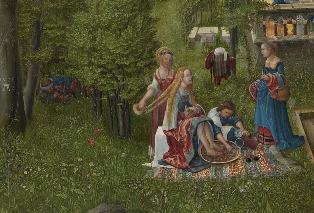 Albrecht-Altdorfer-(1480-1538)-Susanna-und-die-beiden-Alten-1526-Öl-auf-Holz-74,8-x-61,2-cm-Pinakothek-Alte-München-Detail-1 Susanna im Bade Altdorfer – Susanna mit Mägden beim Fußbad im Garten