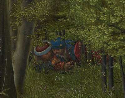 Albrecht-Altdorfer-(1480-1538)-Susanna-und-die-beiden-Alten-1526-Öl-auf-Holz-74,8-x-61,2-cm-Pinakothek-Alte-München-Detail-2-die-zwei-Alten Detail Altdorfer Susanna im Bade – die beiden Alten verborgen im Wald auf der Lauer die Susanna zu überraschen.