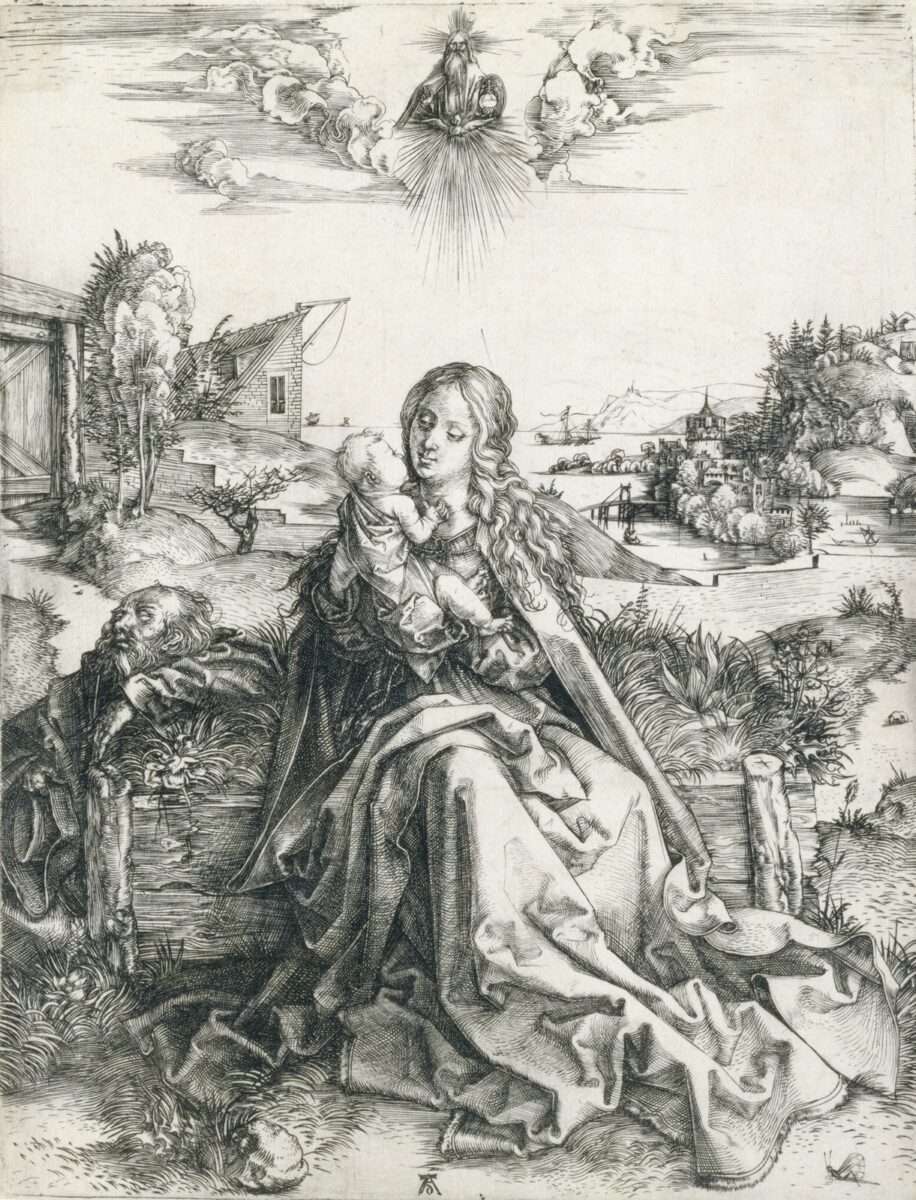 Albrecht Dürer: Die Heilige Familie mit der Libelle – Kupferstich mit ausgewogener Komposition und naturkundlichem Detail