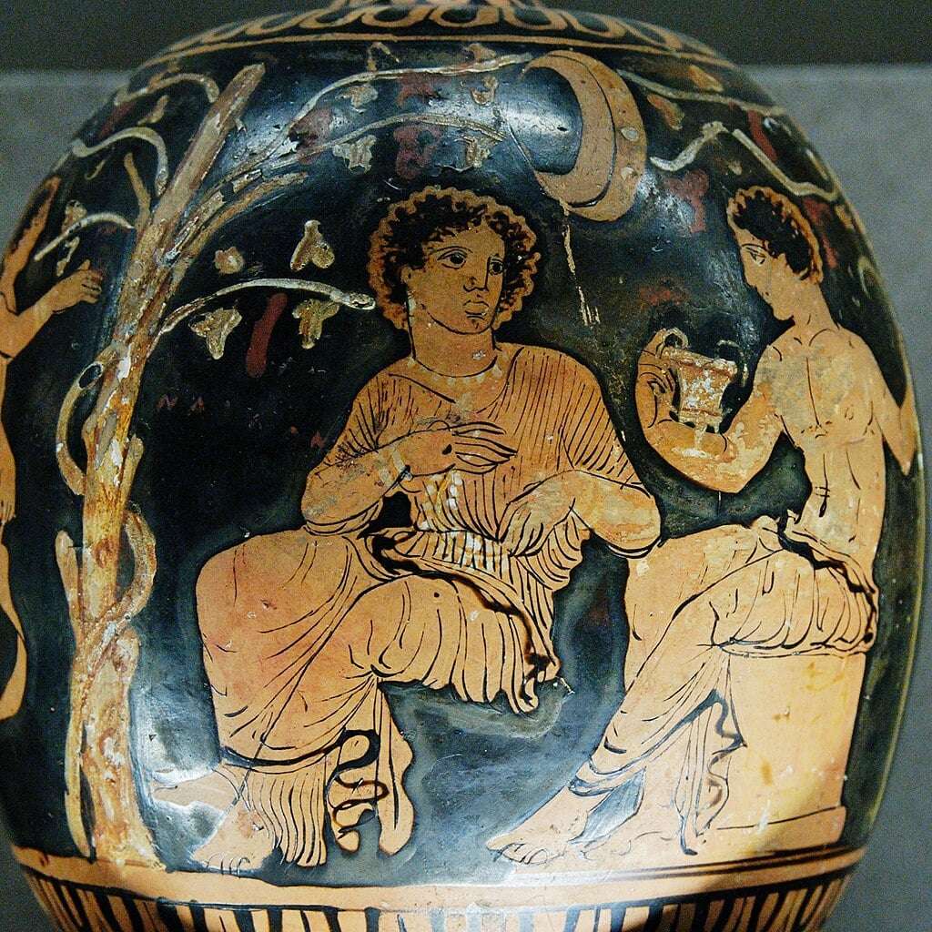 Dionysos und Ariadne 380–370 V. Chr Louvre (Wikimedia) Antike griechische Vase mit Dionysos und Ariadne (380–370 v. Chr.) – mythologischer Ursprung des roten Fadens in der Kunstgeschichte.