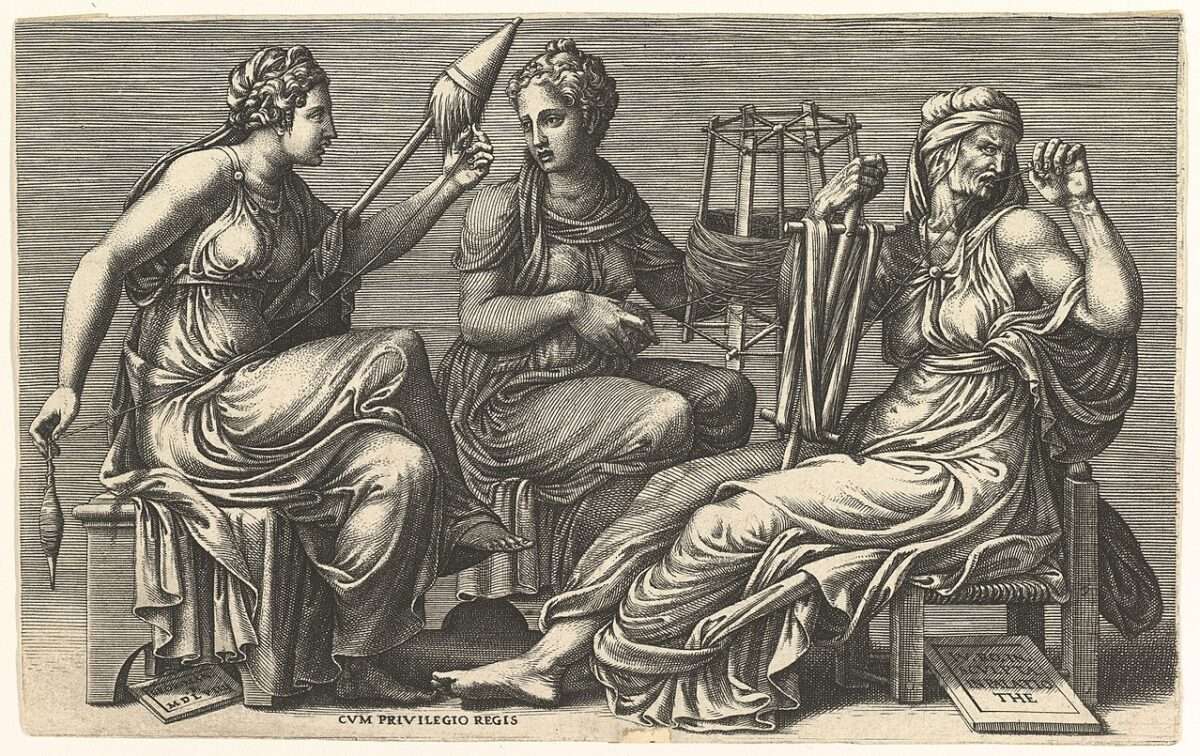Giorgio Ghisi (1520-1582) Die drei Schicksale Clotho, Lachesis und Atropos 1558–59 Gravur 13.8 x 22.2 cm Metropolitan Museum of Art (Wikimedia) Giorgio Ghisis Gravur der drei Parzen Clotho, Lachesis und Atropos (1558–59) – Symbolik des Schicksalsfadens als früher Vorläufer des roten Fadens in der Kunst.