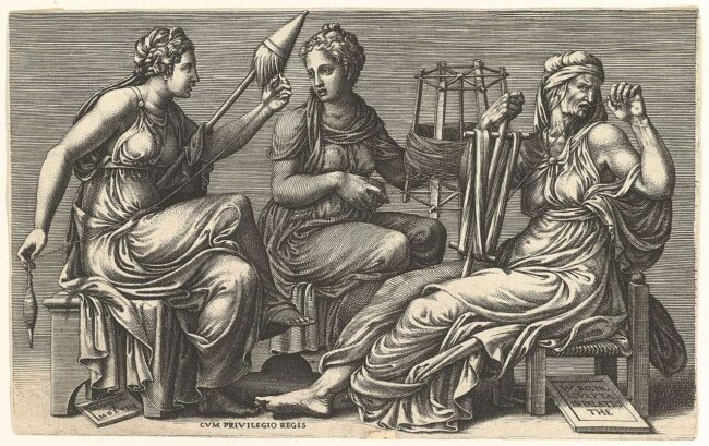 Giorgio Ghisis Gravur der drei Parzen Clotho, Lachesis und Atropos (1558–59) – Symbolik des Schicksalsfadens als früher Vorläufer des roten Fadens in der Kunst.