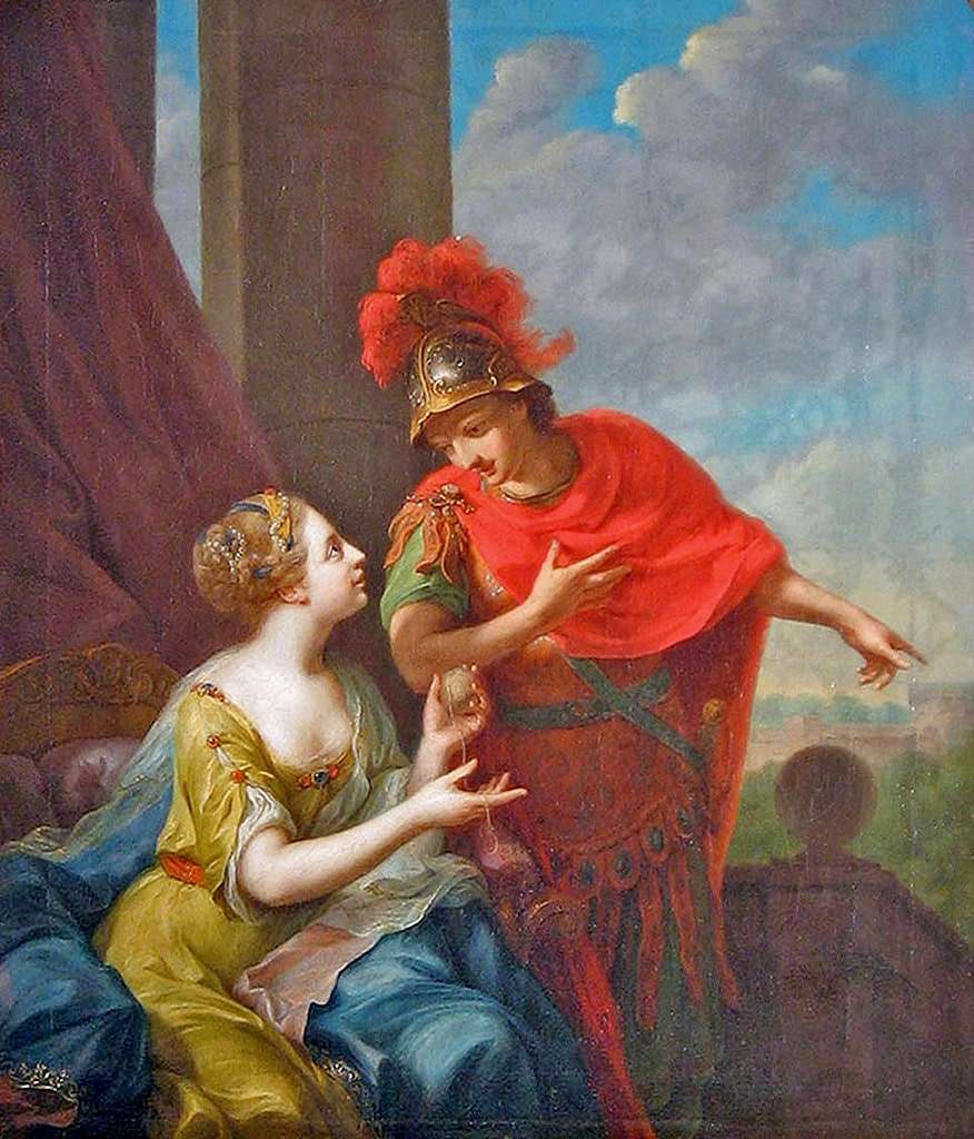 Johann Heinrich Tischbein (1722-1789) Ariadne hilft Theseus, indem sie ihm den Kneul des Fadens gibt 1779 Öl auf Leinwand Privat Collection (Wikimedia) Johann Heinrich Tischbeins Gemälde „Ariadne hilft Theseus mit dem Faden“ (1779) – klassische Darstellung des roten Fadens als rettendes Motiv.