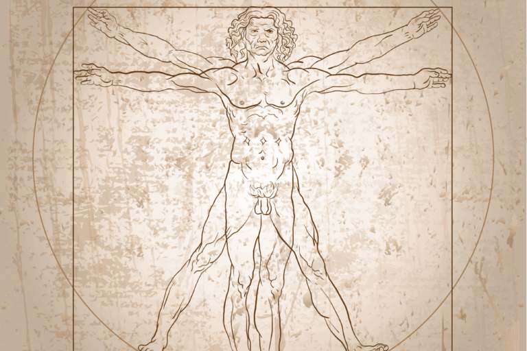 Leonardo da Vinci: Der Vitruvianische Mensch – Zeichnung zur Symmetrie und Proportion des menschlichen Körpers, um 1492