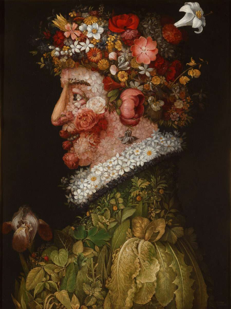 Giuseppe Arcimboldo Frühling als Porträt aus Blumen, Blüten und Pflanzen, die gemeinsam das Gesicht einer Figur formen.