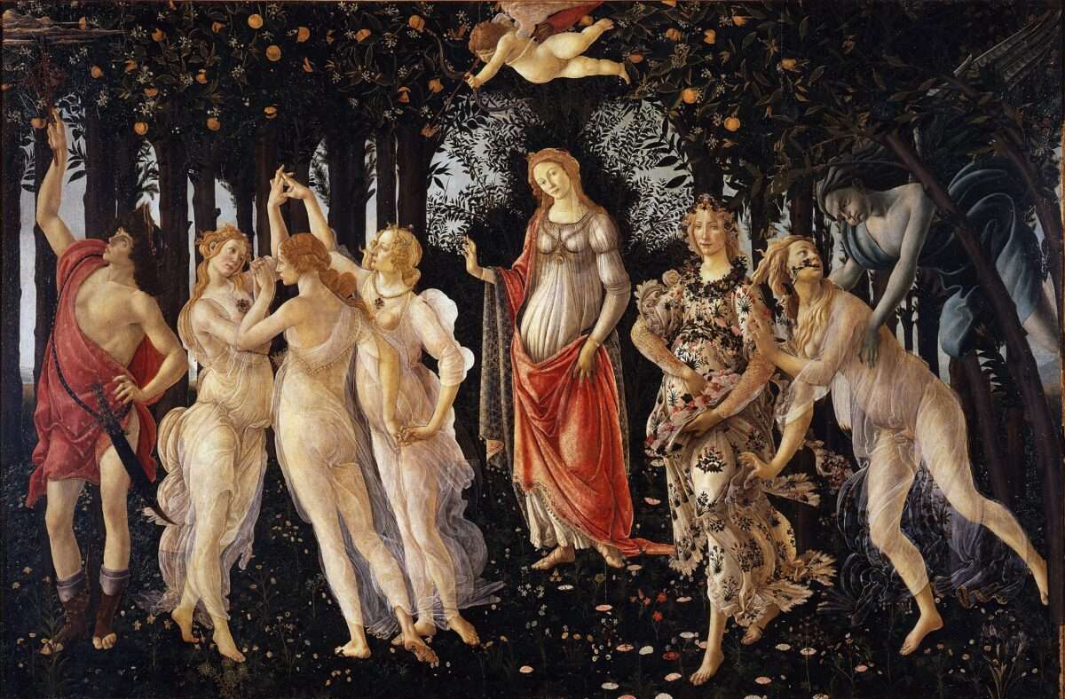Sandro Botticelli Primavera mit Venus, den drei Grazien, Amor und Flora in einem Garten voller Blumen als berühmte Allegorie des Frühlings der Renaissance.