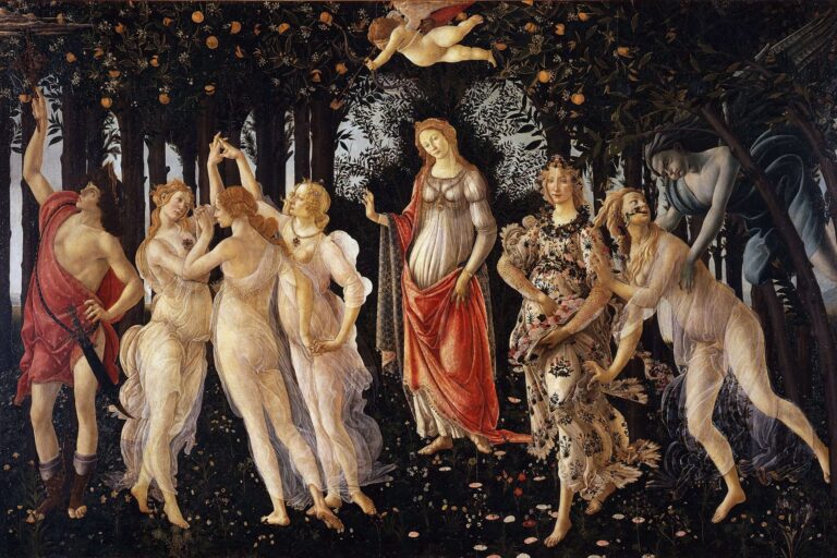 Sandro Botticelli Primavera mit Venus, den drei Grazien, Amor und Flora in einem Garten voller Blumen als berühmte Allegorie des Frühlings der Renaissance.