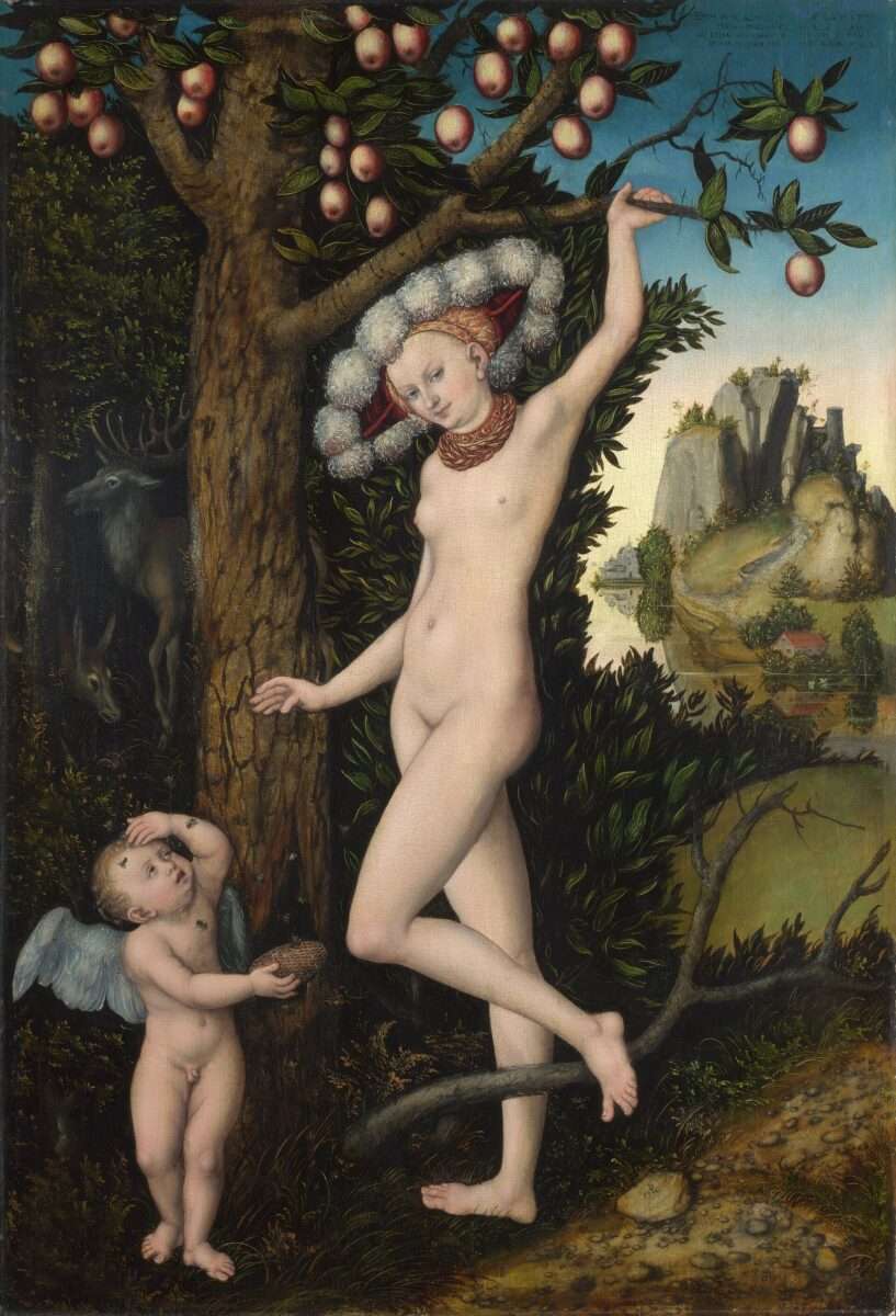cranach-venus-amor-honigdieb-apfelbaum-renaissance Das Thema Cranach Picasso Honigdieb wird mit Lucas Cranach der Ältere Venus und Amor unter Apfelbaum, nackte Venus mit rotem Kopfschmuck greift nach Ast, Amor als Honigdieb mit Bienenstichen und Wabe, detailreiche Landschaft im Hintergrund illustriert.