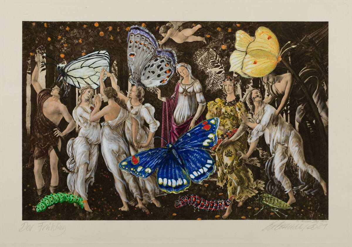 Thomas Gatzemeier Der Frühling zeigt eine Malerei-Collage nach Botticellis Primavera mit Schmetterlingen und Insekten als Allegorie der Metamorphose.