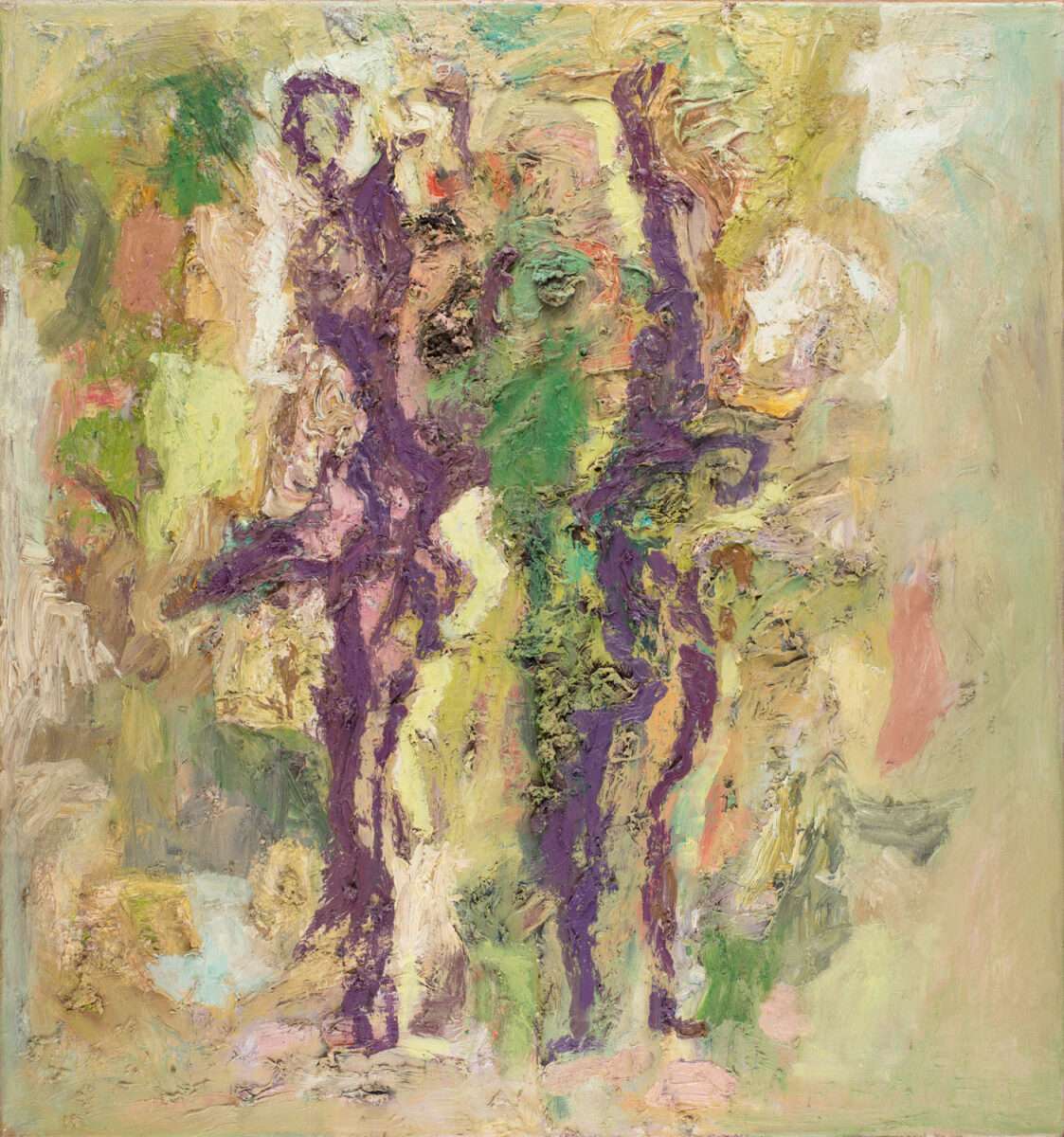 Thomas Gatzemeier Zwei Figuren im Frühling zeigt zwei gestische Figuren in pastoser Malerei vor einer farbigen Frühlingslandschaft.