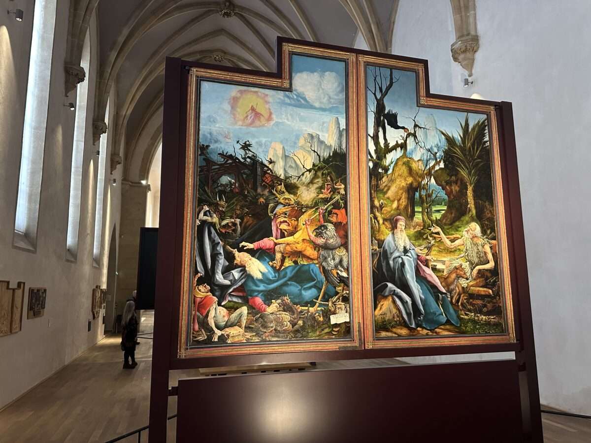 isenheimer-altar-antonius-tafeln-gruenewald-musee-unterlinden-colmar Isenheimer Altar von Matthias Grünewald im Musée Unterlinden Colmar: Tafeln mit Versuchung des Antonius und Begegnung mit Paulus im Kirchenraum