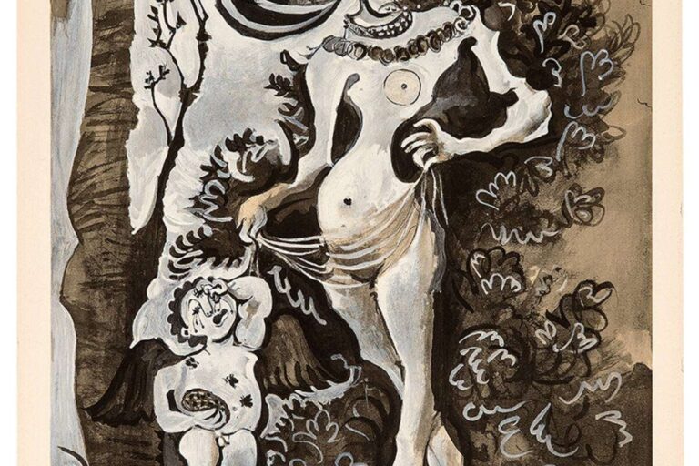 Cranach Picasso Honigdieb - Venus und Amor nach Cranach, stehende nackte Venus mit großem hutartigem Kopfschmuck, links Amor als Honigdieb mit Bienenstichen und Wabe, Baum und Pflanzen im Hintergrund
