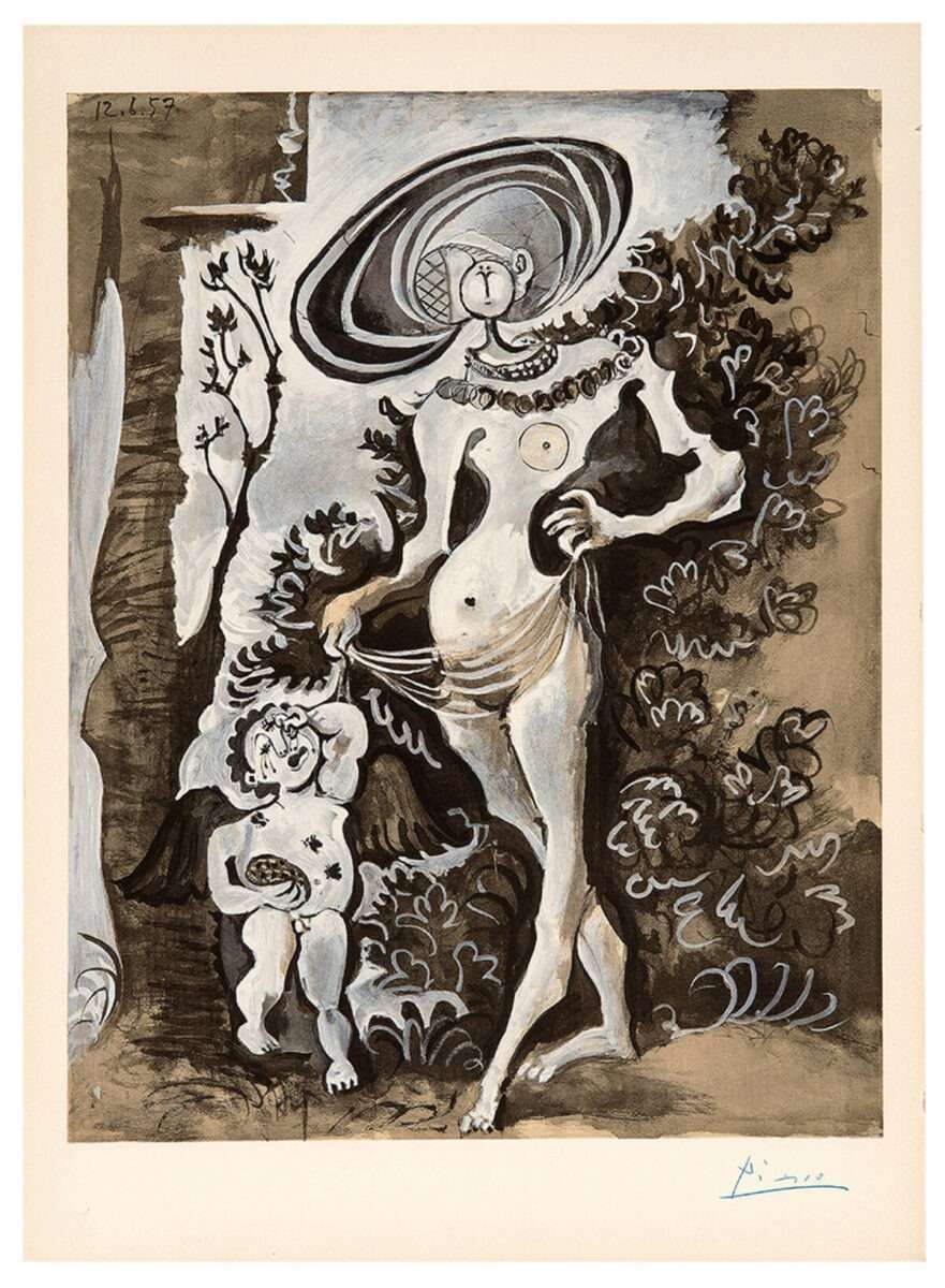 Picasso Venus und Amor nach Cranach – Honigdieb Lithographie Cranach Picasso Honigdieb - Venus und Amor nach Cranach, stehende nackte Venus mit großem hutartigem Kopfschmuck, links Amor als Honigdieb mit Bienenstichen und Wabe, Baum und Pflanzen im Hintergrund