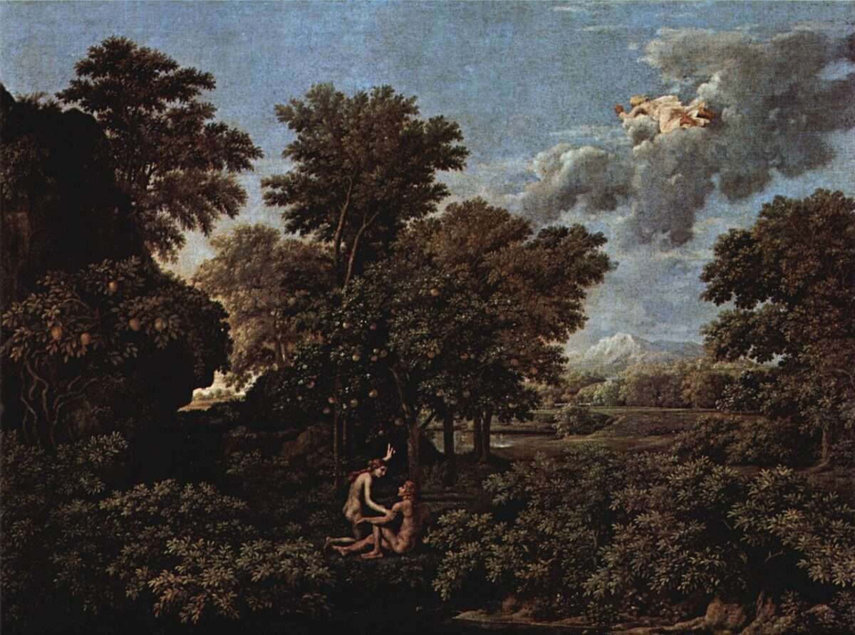 Nicolas Poussin Primavera zeigt Adam und Eva im Garten Eden in einer üppigen Landschaft als barocke Allegorie des Frühlings.
