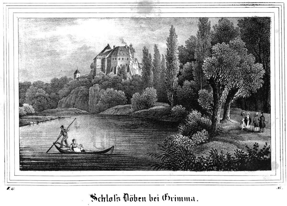 Historische Landschaftsansicht von Schloss Döben bei Grimma. Das Schloss liegt erhöht auf einem Felsen über der Mulde, umgeben von Bäumen. Im Vordergrund fährt ein Boot auf dem Fluss, rechts stehen Spaziergänger am Ufer. Unter der Abbildung steht „Schloß Döben bei Grimma“.