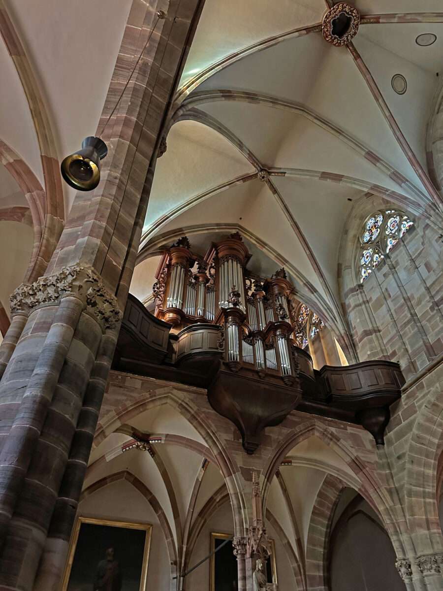 Orgel der Kirche St. Peter und Paul in Wissembourg aus Untersicht mit Pfeifen und Empore im gotischen Gewölbe