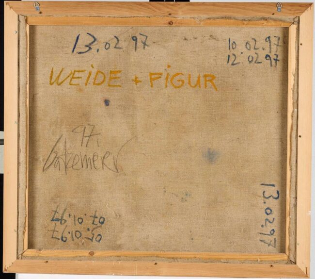 Rückseite eines Gemäldes mit der Aufschrift „Weide + Figur“, mehreren Datierungen von 1997 und 2000 sowie handschriftlichen Einträgen