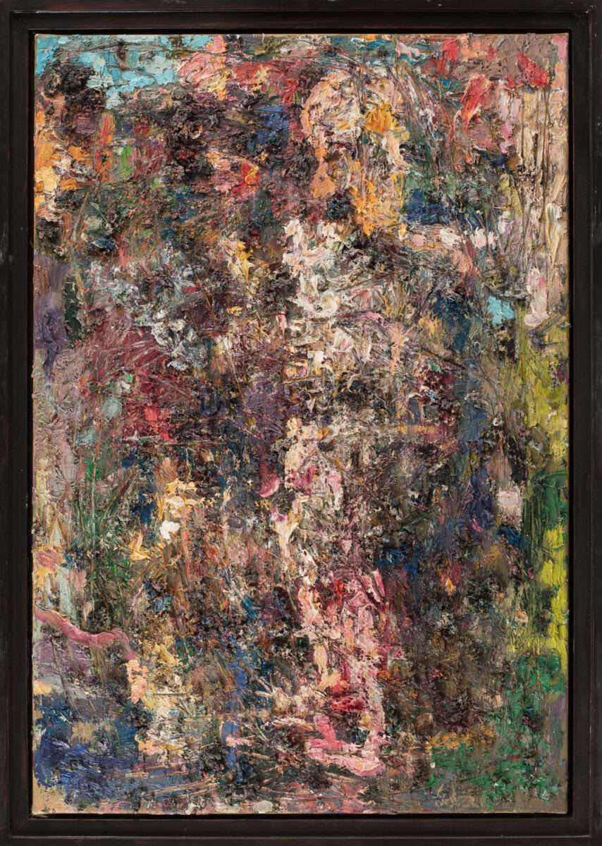 Dicht gemalte, abstrakte Figur in stehender Haltung, aufgebaut aus pastosen Farbschichten in Rot, Grün, Blau und hellen Partien, Öl auf Leinwand, Thomas Gatzemeier 2000