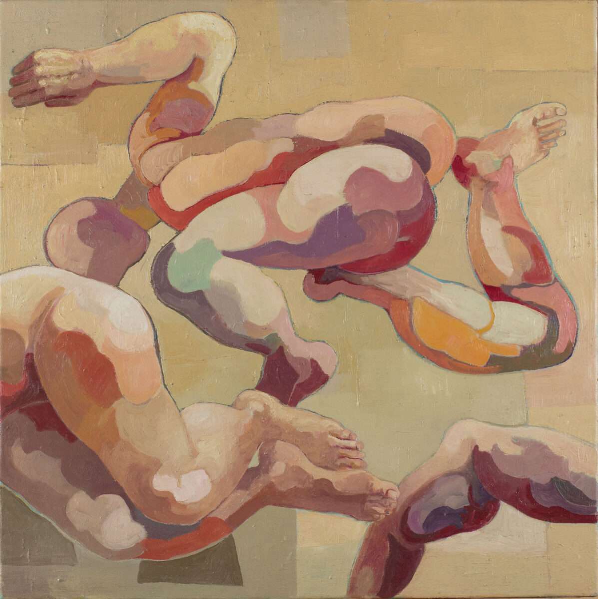 Fragmentierte Darstellung menschlicher Körperteile in ruhiger, flächiger Malerei, Arme und Beine in warmen Farbtönen auf hellem Hintergrund