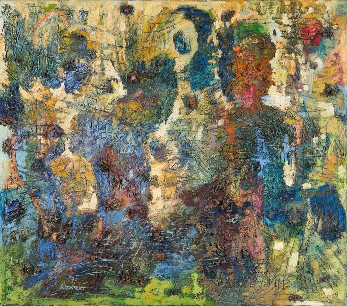 Abstrakte Szene mit Figur und landschaftlichen Elementen, helle und farbige Flächen, Linien und Strukturen in Blau, Grün und Ocker, Öl auf Leinwand, Thomas Gatzemeier 1997