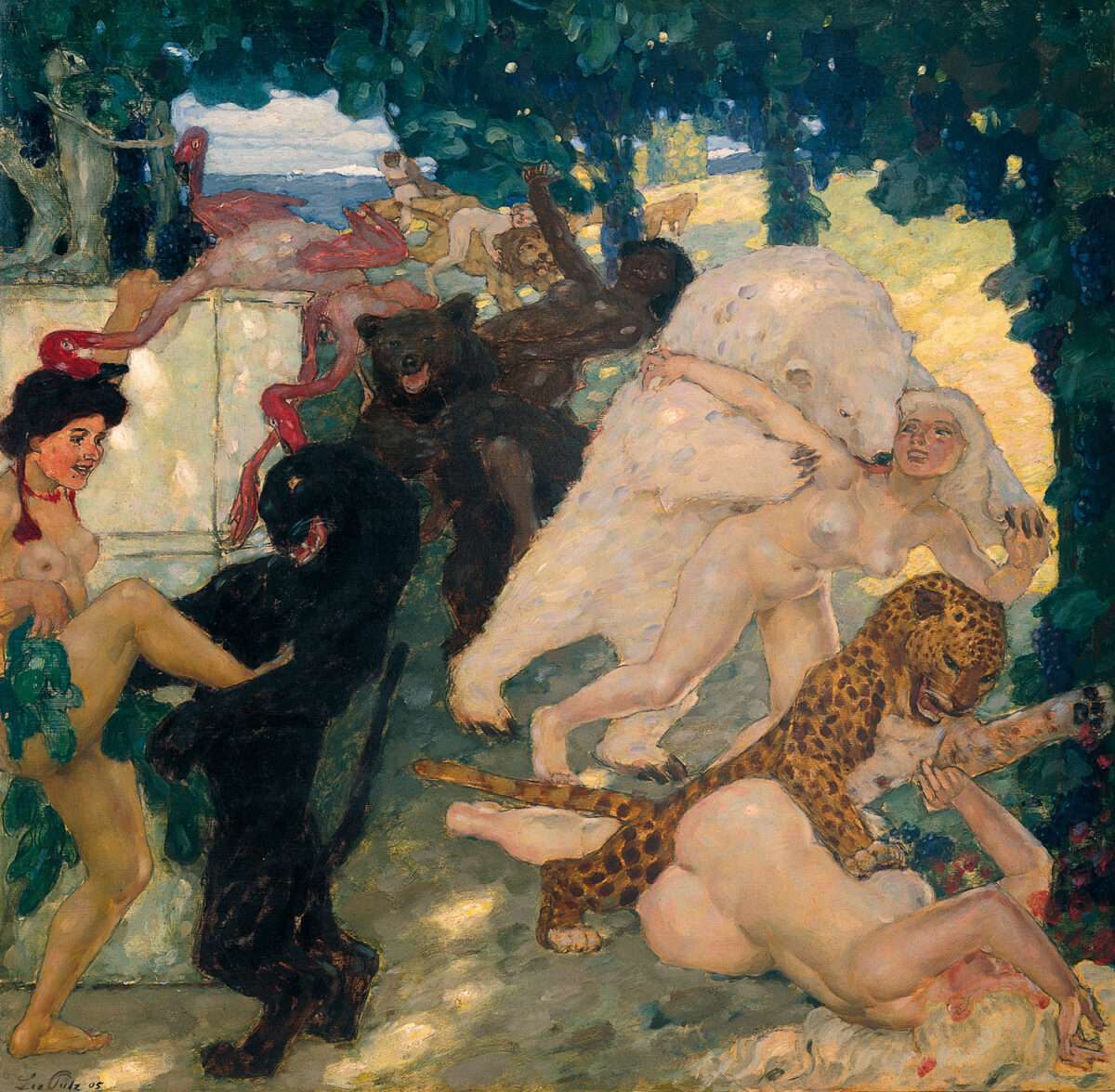 Großformatiges Gemälde „Bacchanale“ von Leo Putz aus dem Jahr 1905 mit nackten Frauenfiguren, exotischen Tieren und einer symbolistischen Szene voller Sinnlichkeit und Bewegung.