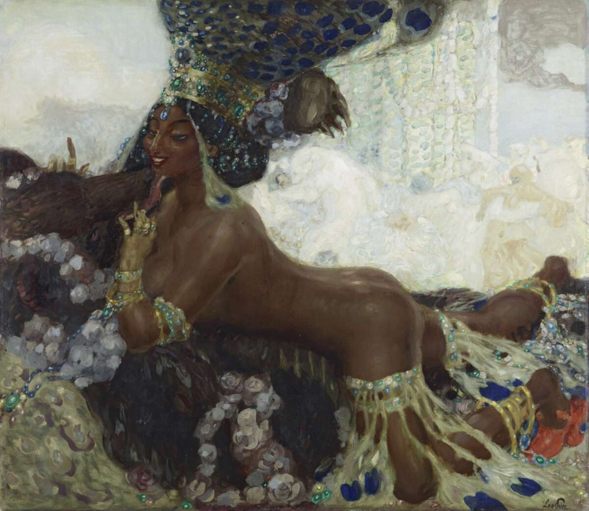 Orientalistisch geprägtes Gemälde „Bajadere“ von Leo Putz aus dem Jahr 1903 mit dunkelhäutiger Frau in dekorativer exotischer Umgebung.
