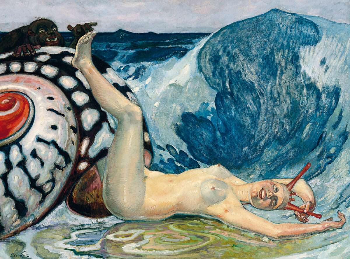 Symbolistisch-surreales Gemälde „Das kitzlige Schnecklein“ von Leo Putz mit nackter Frau, riesiger Schnecke und fantastischer Küstenlandschaft.