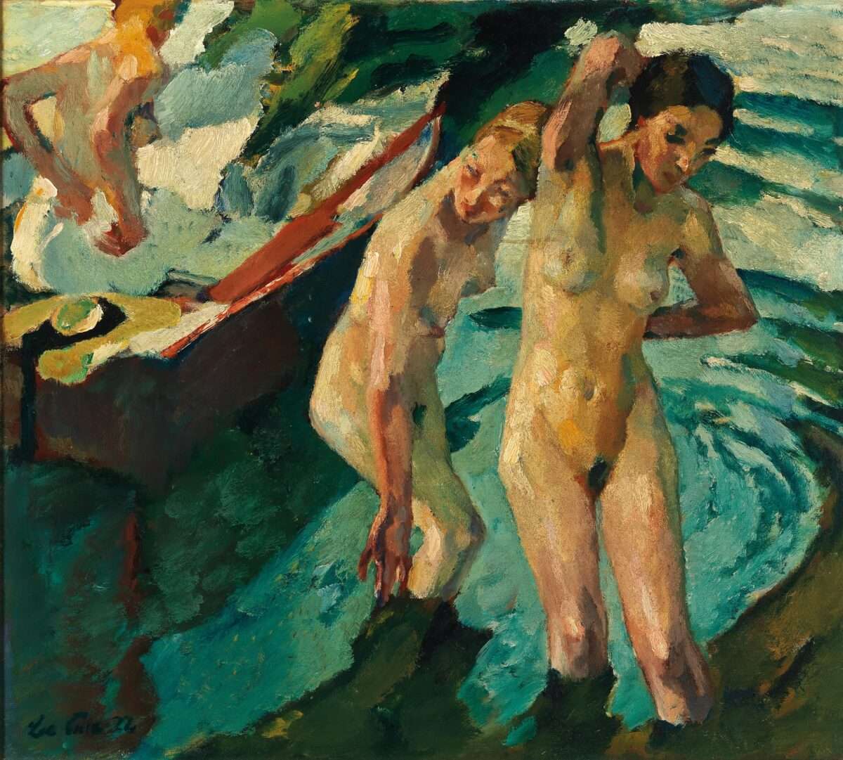 Gemälde „Die Badenden“ von Leo Putz aus dem Jahr 1922 mit mehreren nackten Frauen am Wasser in expressiver impressionistischer Malweise.