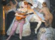 Großformatiges Gemälde „Hinter den Kulissen“ von Leo Putz mit Tänzerinnen, Theateratmosphäre und nackten weiblichen Figuren.