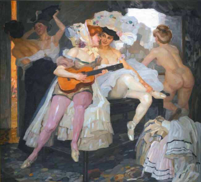 Großformatiges Gemälde „Hinter den Kulissen“ von Leo Putz mit Tänzerinnen, Theateratmosphäre und nackten weiblichen Figuren.