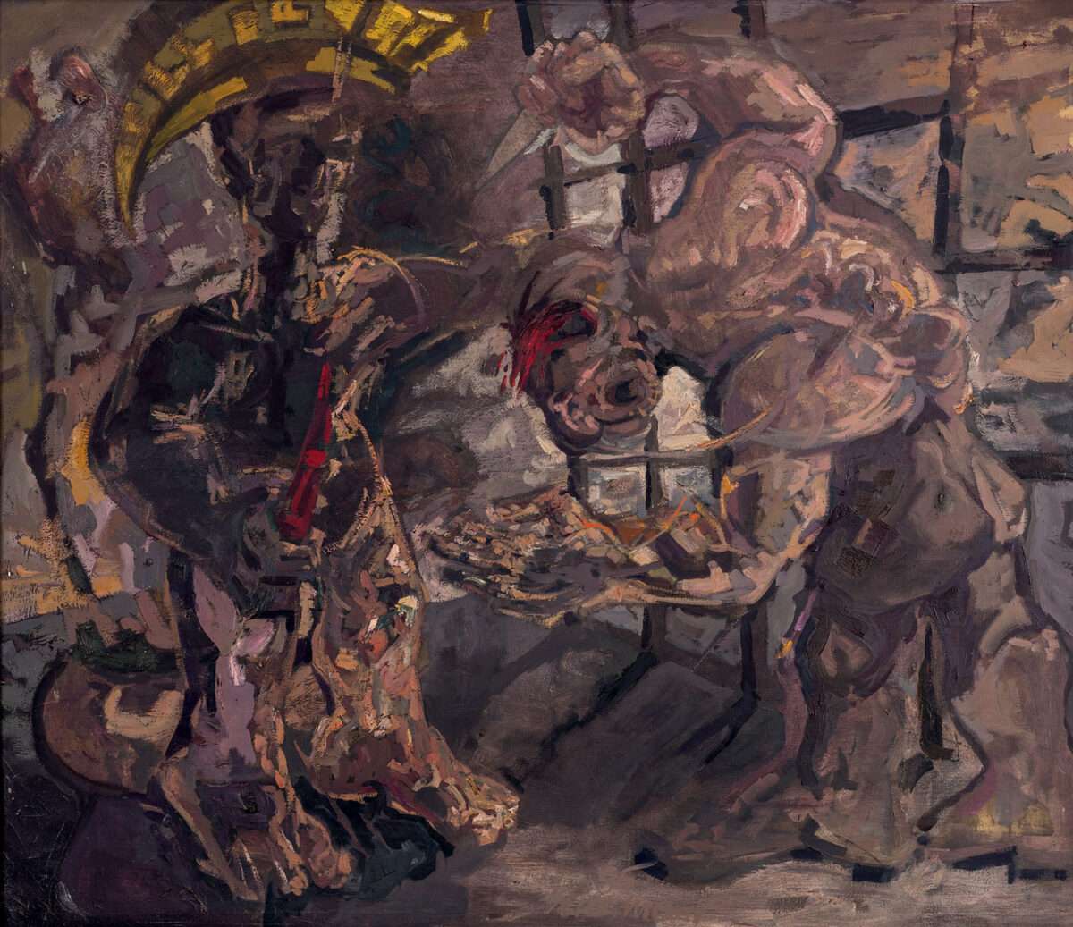 Thomas Gatzemeier – Antike Szene mit Krieger (1985), expressives Gemälde mit antiken Figuren, Gittermotiv und dunkler Farbpalette als Spiegel menschlicher Konflikte. Titel