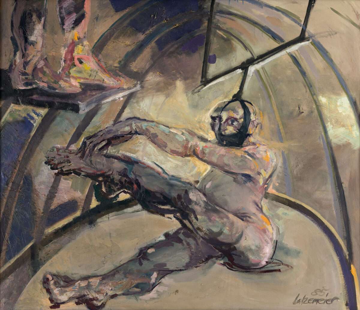 Thomas Gatzemeier – In der Manege (1985), expressives Gemälde eines Akrobaten mit Maske an einer Schaukel als Sinnbild von Freiheit, Unsicherheit und Beobachtung.