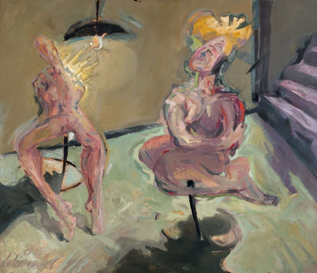 Thomas Gatzemeier – Licht im Keller (1985), zwei nackte Figuren in einem Kellerraum unter grellem Lampenlicht, expressives Gemälde über Verletzlichkeit und Unsicherheit.
