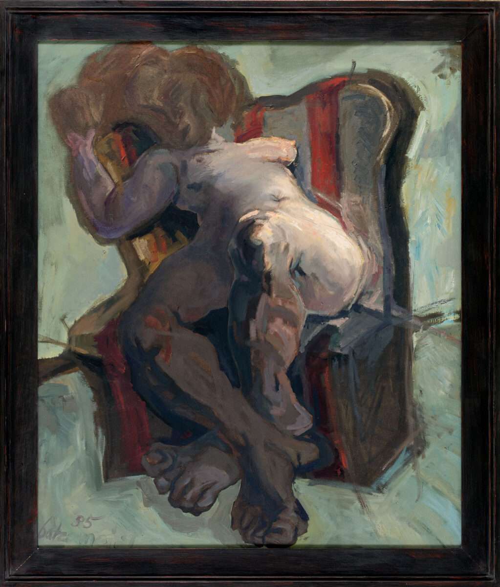 Thomas Gatzemeier – Sitzende (1985), expressives Gemälde einer nachdenklichen sitzenden Frau als Sinnbild von Ruhe, Verletzlichkeit und menschlichem Leib.