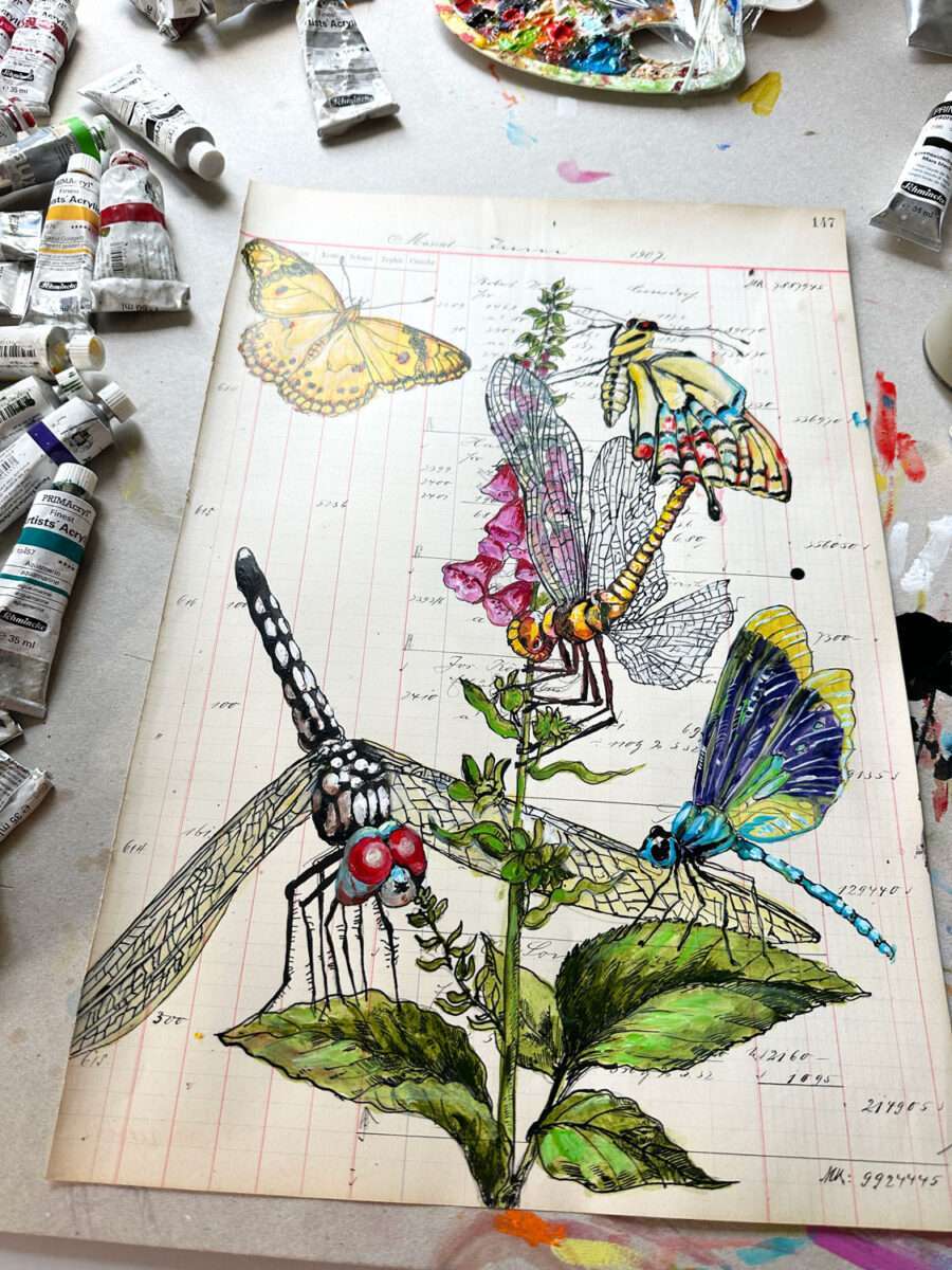 Am Arbeitsplatz von Thomas Gatzemeier. Ein Kontoblatt aus dem Zyklus Sammelsurium in Arbeit. Farbige Insekten und Pflanzen.