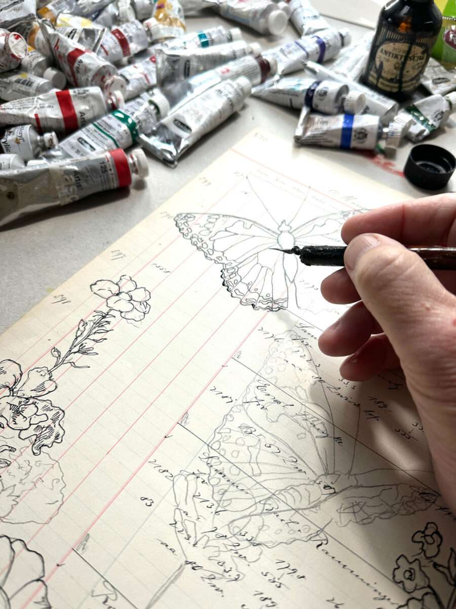 Vorzeichnung mit Tusche auf Kontopapier zu einem Werk aus dem Zyklus Sammelsurium von Thomas gatzemeier.