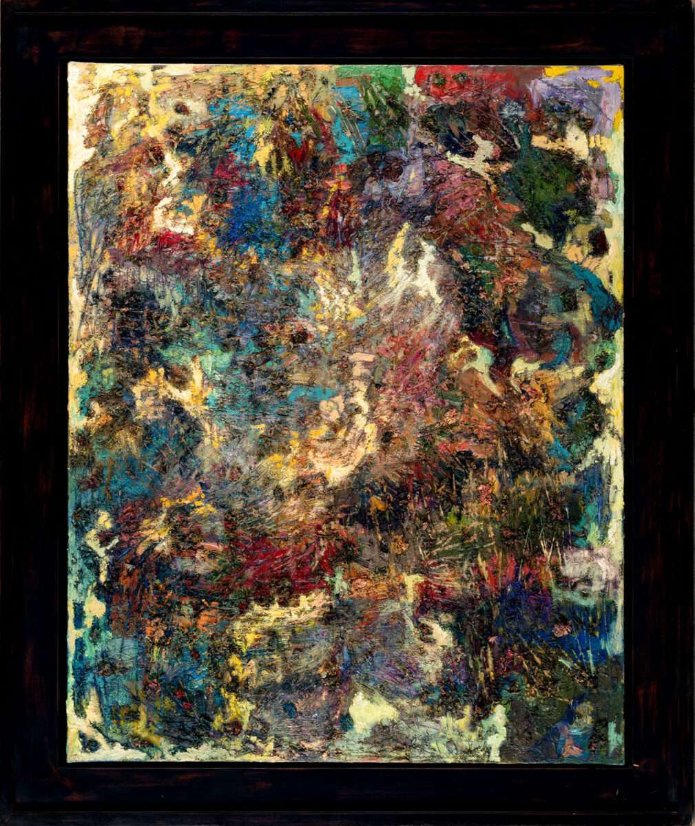 Figürliche Formen lösen sich in einem dichten Geflecht gelber, roter, grüner und blauer Farbspuren auf: „Levitation 1“ von Thomas Gatzemeier.